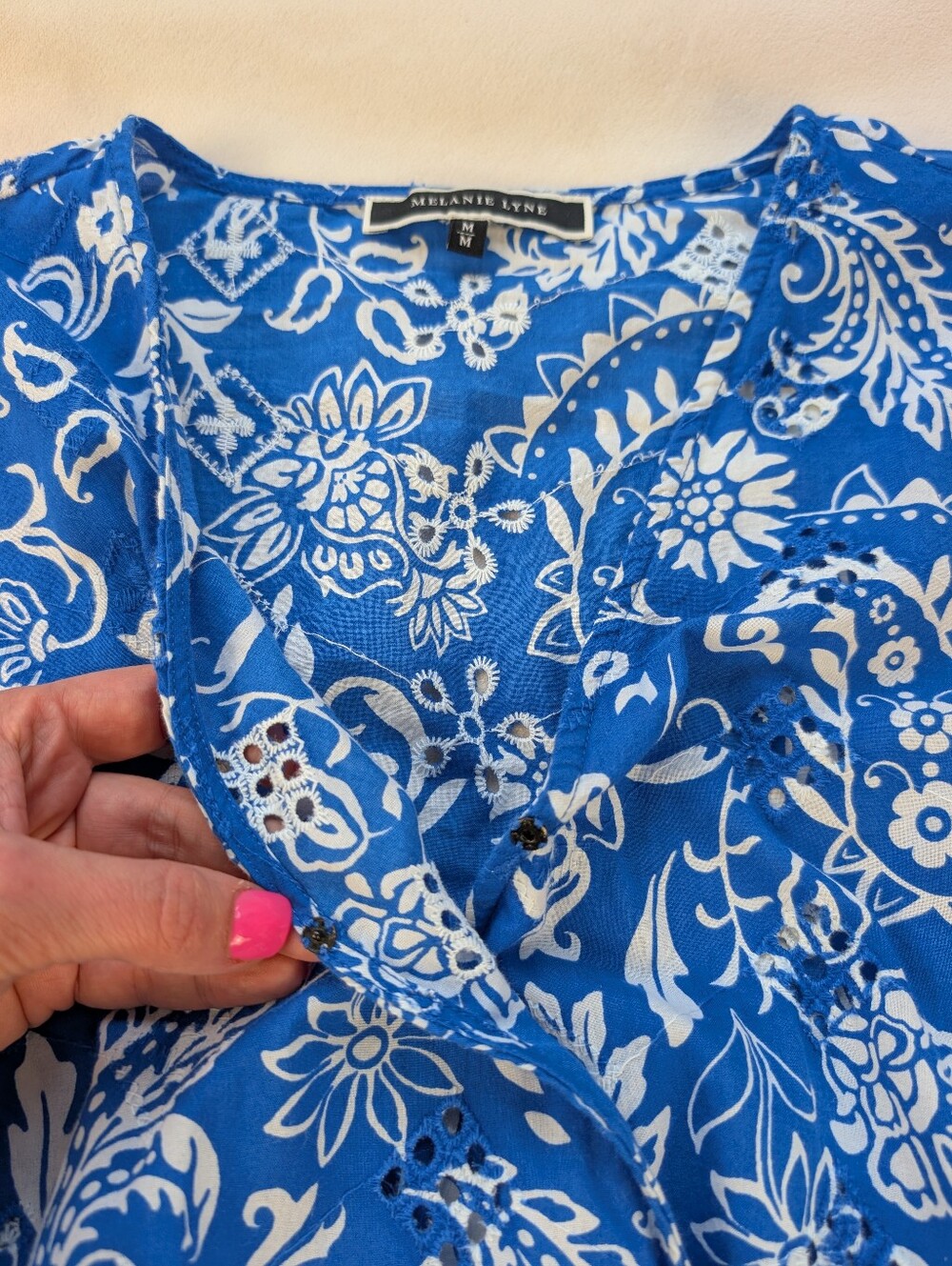 Melanie Lyne Paisley Smocked Waist Blouse Blue White Size M - Picture 11 of 17